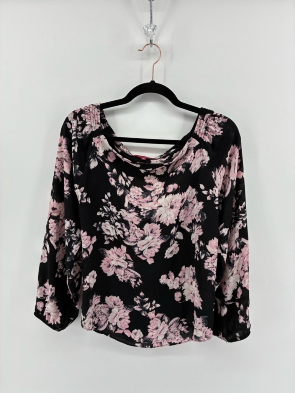 Women's Black Floral Off Shoulder Long-Sleeve Top - Pink Bloom Print